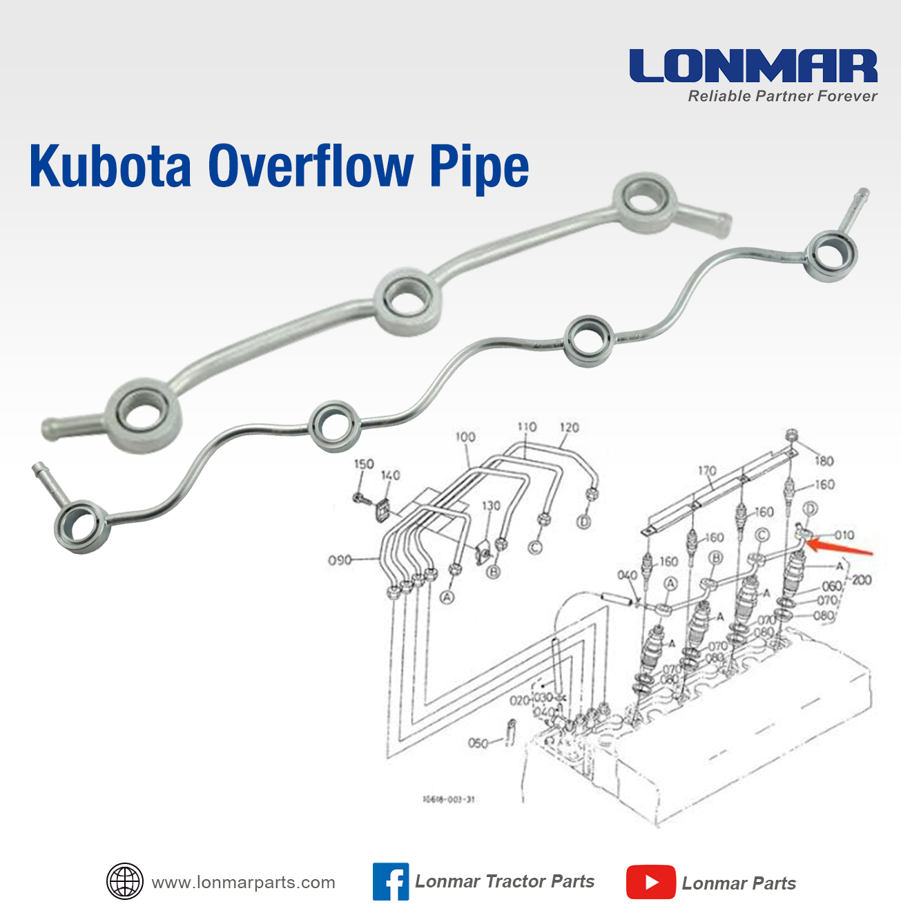 Overflow Pipe suitable for Kubota tractor parts LONMAR ZHEJIANG